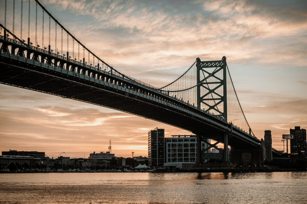 Center City Philadelphia bridge at sunset